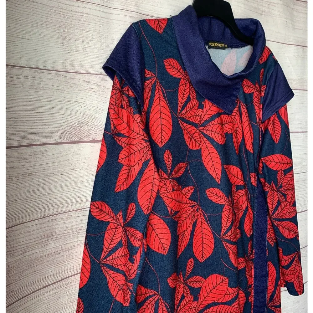 Reborn Navy Blue with Red Leaf Pattern Dress Folded Cowl Neck Fall Leaves XL